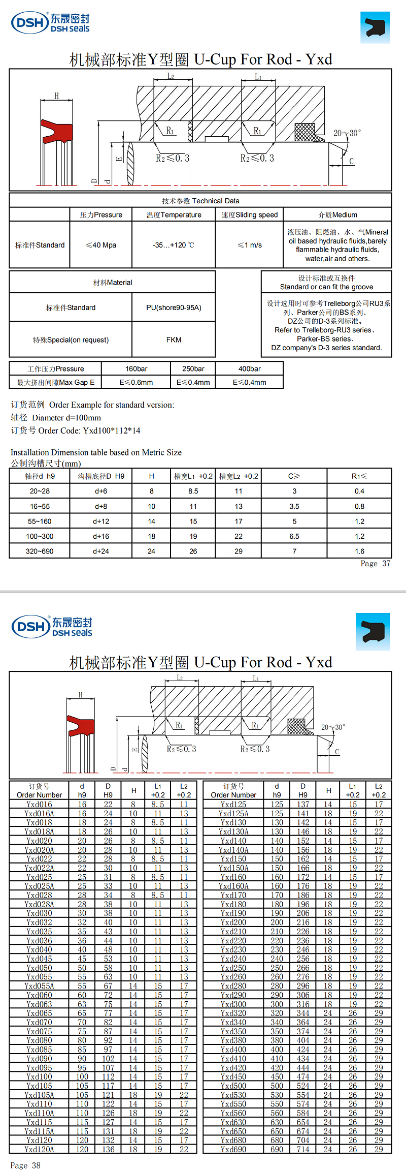 機械部標準Y型密封圈Yxd規格尺寸表